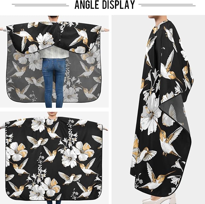 visesunny Barber Cape Exotic Tropical Hibiscus Flower And Hummingbird Gold Silver Pattern Polyester Hair Cutting Salon Cape Apron Anti-Static Haircut Water-Resistant Shaving Cloth Beard Shaving Bib Ha
