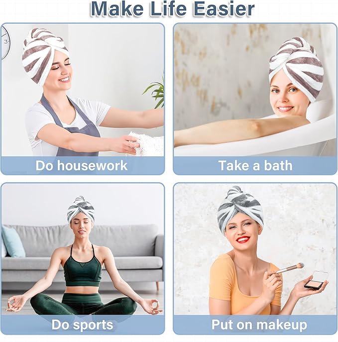 Microfiber Hair Towel Wrap, Soft Lightweight Hair Turben Towel, Super Absorbent Quick Dry Hair Turban with Button, Larger Microfiber Hair Towels for Women Curly Long Hair