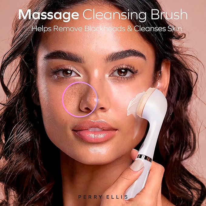 Perry Ellis 3-in-1 Silicone Face Wash Brush with Makeup Applicator & Metallic Massage Plate, Electric Vibrating Facial Cleanser, IPX6 Water-Resistant Skin Care Tool with Stand