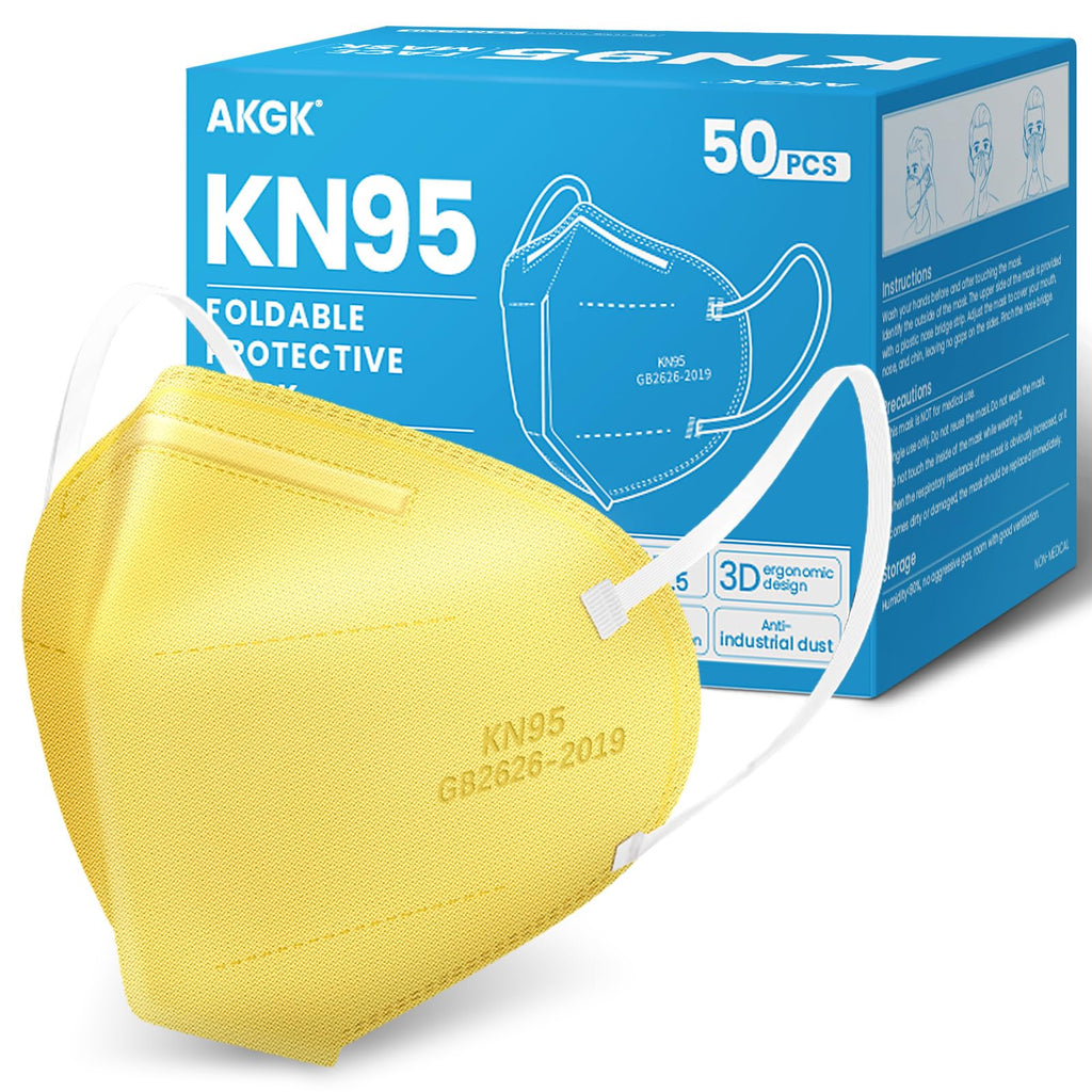 akgk KN95 Face Mask 50 PCS, Breathable Protection Masks, 5-Ply KN95 Yellow Masks, Cup Dust Safety Masks