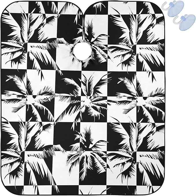 Visesunny Barber Cape - Tropical Coconut Tree Black White Grid Polyester Hair Cutting Salon Apron Anti-Static Haircut Shaving Cloth Beard Shaving Bib Hairdressing Cape