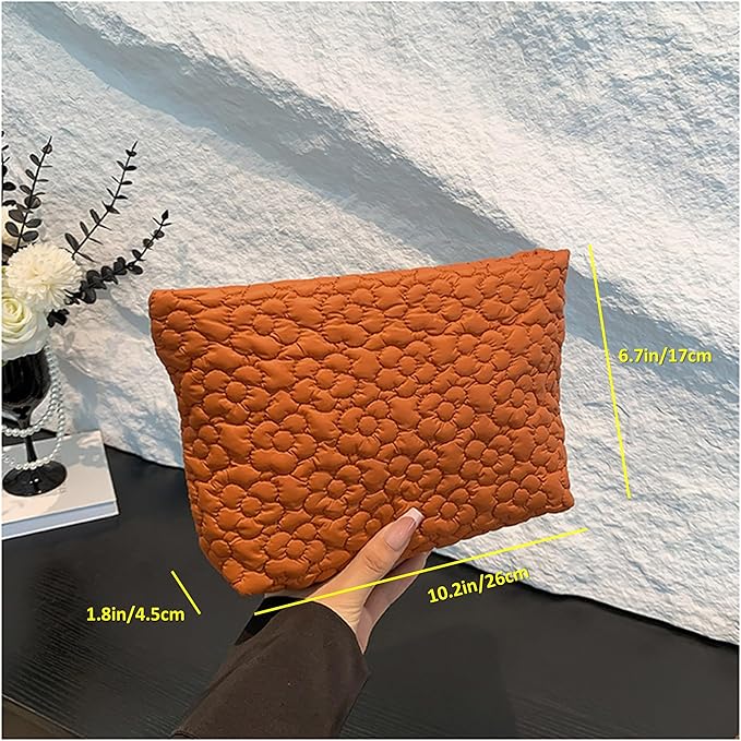 HFLZBRO Puffy Quilted Makeup Bag for Women, Cosmetic Bag, Travel Toiletry Organizer Pouch Clutch (Orange Flowers)