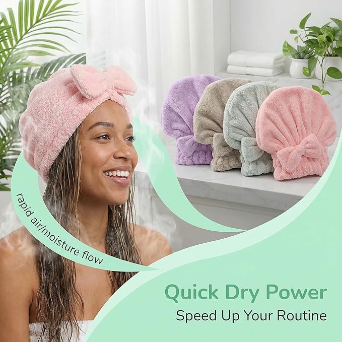 Microfiber Hair Towel Wrap for Women, Quick Drying Anti Frizz Hair Turban with Bow, Super Absorbent Hair Drying Cap for Curly Thick Damaged Hair, Lightweight Travel Essential (One Coffee + One Green)