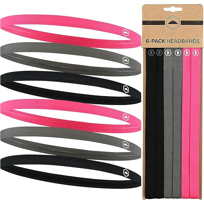 Tough Headwear Thin Elastic Headbands, Sports Headbands for Women & Men - Mens Workout Headband - Running or Soccer Headband - 6-Pack