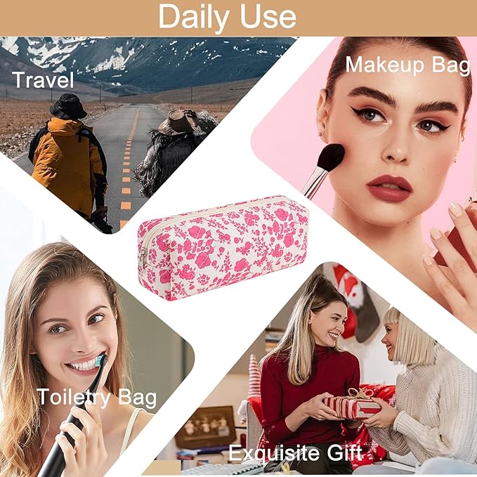 HHQQWZ Cute Floral Cotton Makeup Brush Cosmetic Bag for Women, Travel Quilted Zipper Make Up Bag, Flowers Toiletry Organizer Case Kawaii Makeup Cosmetic Travel Cloth Pouch (Big Red Floral)
