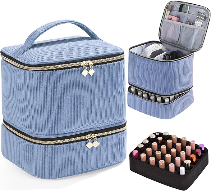 CTWWFS Nail Polish Organizer and Nail Lamp Case, Nail Kit Organizer Holds 30 Bottles (15ml - 0.5 fl.oz) and a Nail Lamp, Nail Polish Carrying Case with Manicure Tools Storage Sections (A-White)