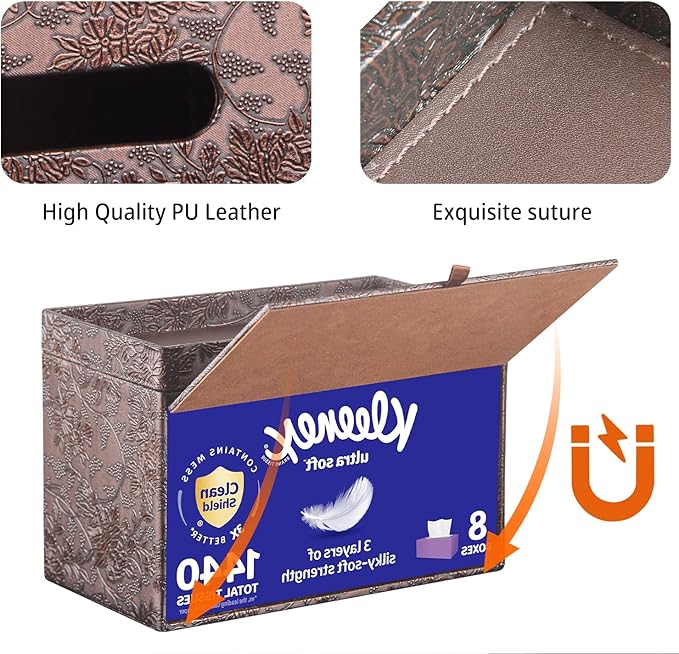 YAPISHI Large Tissue Box Cover Rectangle with Tray Storage, PU Leather Facial Tissue Holder, Fits 230-Count Family Size Kleenex, Modern Nightstand Organizer for Bathroom Office Home Decor