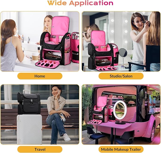 BYOOTIQUE Rolling Makeup Train Case with Backpack Travel Cosmetic Bag, Pink