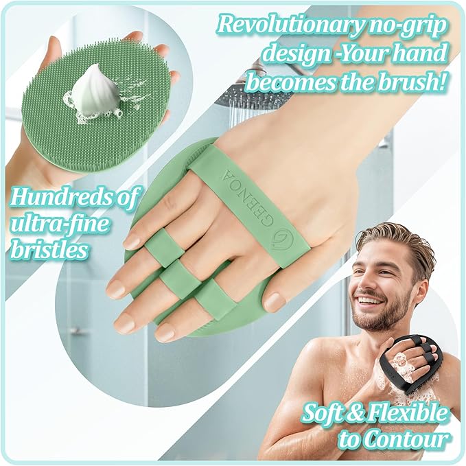 Silicone Bath Gloves 2PC, 360° Anti-Slip & Enlarged Silicone Body Scrubber for Rich Foaming Deep Cleaning, Revolutionary No-Grip & Hand-fit Shower Scrubber for All Skin Types(Black+Green)