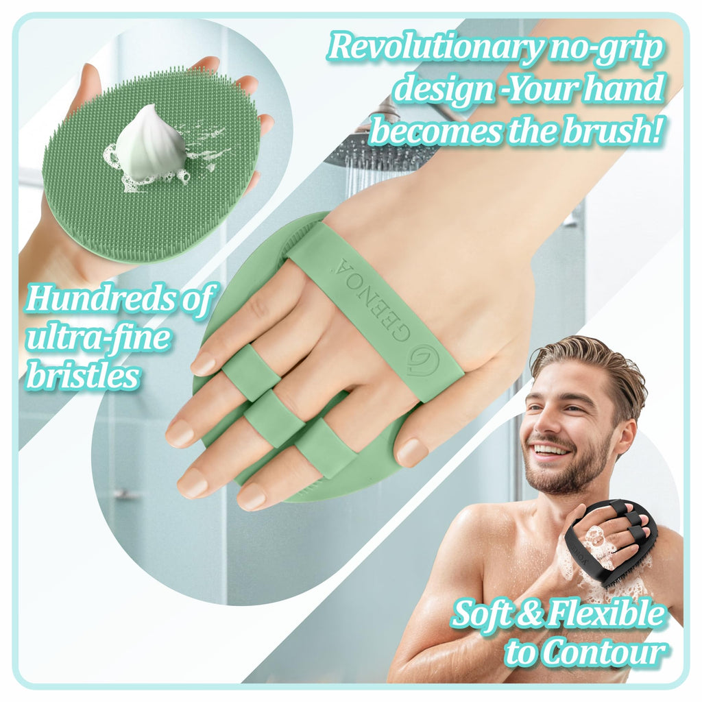 GEENOA Silicone Bath Glove & Face Scrubber Set 2PCS, 360° Anti-Slip & Hand-fit Body Scrubber for Rich Foaming Deep Cleaning, Unique Facial Scrubber with Side-bristles for Contoured Areas.(Green)
