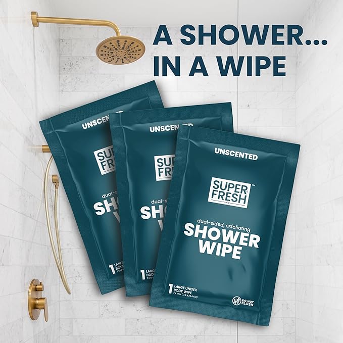 Super Fresh Shower Body Wipes, Travel Essentials for Camping, Large Unscented for Adults, Women, Men, Kids Personal Hygiene Cloth Enriched with Aloe and Vitamin E, Individually Wrapped 20 Pack