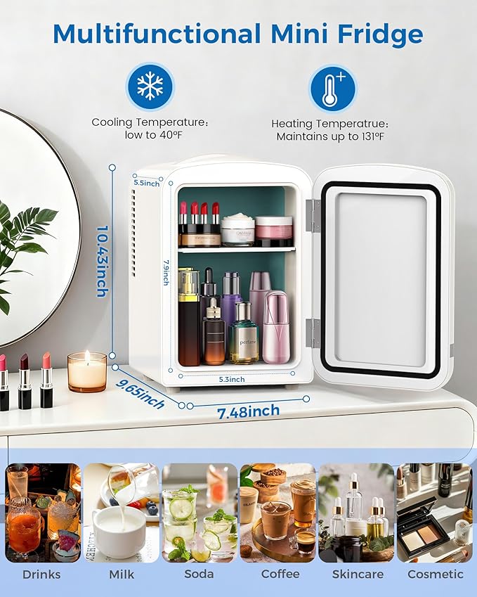 Electactic Mini Fridge for Skincare, 4L/6 Cans Small Cosmetic Fridge for Makeup & Beverage, Portable Desk Fridge Cooler and Warmer for Kids, Bedroom, Countertop, White