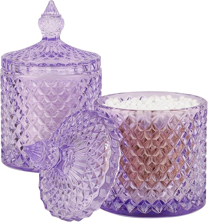 rejomiik 2 Pack Qtip Holder Apothecary Jars with Lid, Thick Glass, Purple
