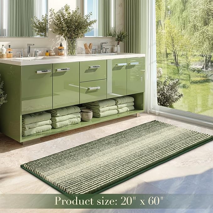 BSICPRO Large Bathroom Rugs, Bath Mat Rug for Bath Non Slip 22 x 60 Inches Water Absorbent Chenille Bathroom Runner Rugs Floor Mats Machine Washable (Green)