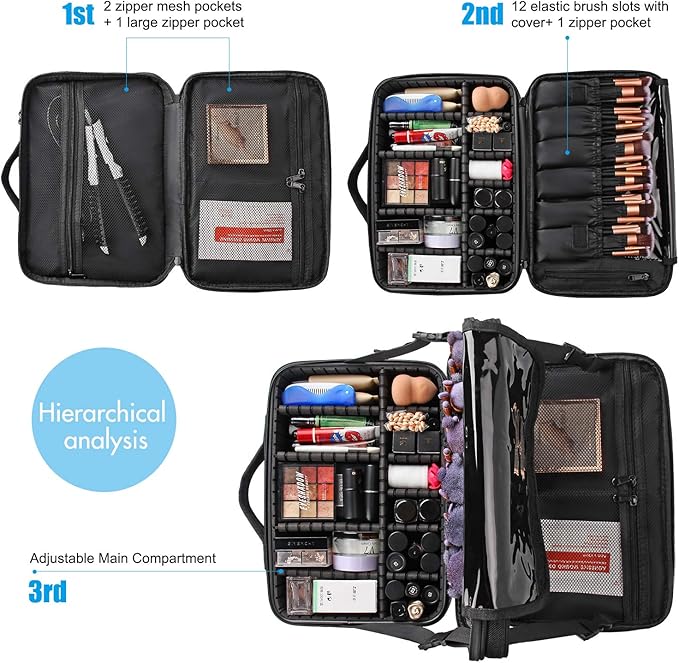 Relavel Makeup Bag Train Case for Women Travel Cosmetic Organizer with Adjustable Dividers and Brush Compartment, Large Storage Box for Cosmetics, Toiletries, Nail Polish, Jewelry, Electronic (Black)