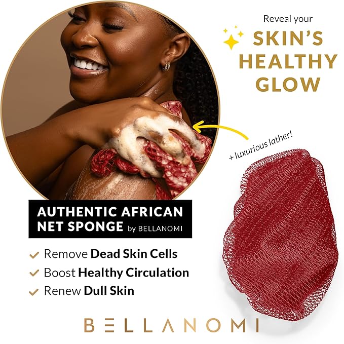 Bellanomi African Exfoliating Net Sponge, Authentic, Ethically sourced from Nigeria, 45 inches Long, Back Scrubber for Daily use (Red)