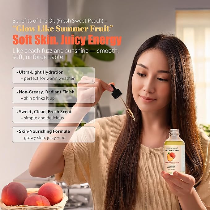 Soothing House Fresh Sweet Peach Body Oil - Moisturizing Sweet Body Oil for Soft, Glowing Skin with Almond & Jojoba Oil (4 fl oz)