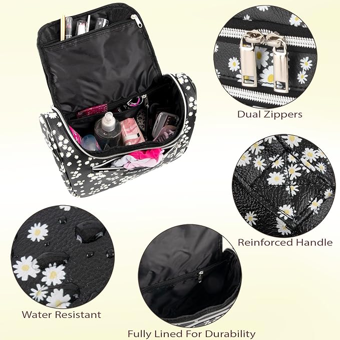Emma & Chloe Large Cosmetic Case Makeup Organizer, Toiletry Bag for Women | 4 Section Waterproof Travel Make Up Organizing Bags (Delightful Daisies)