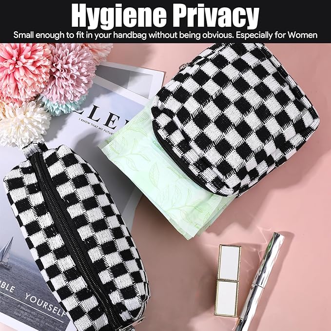 2 Pcs Sanitary Napkin Storage Bag, Zipper Checkered Sanitary Pouch Period Bags, Portable Tampon Pad Pouch Pad Bag for Women Travel Daily, Reusable Period Bag for Teen Girls for School Women Black