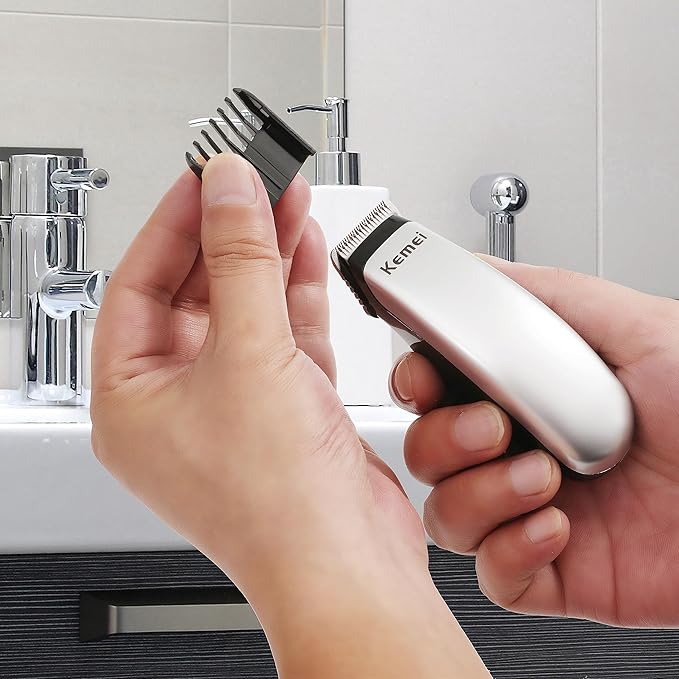 KEMEI Mini Hair Trimmer Compact, Portable Cordless Clipper for Men and Women, Precision Haircut and Shaving Tool Silver, Battery Powered and Travel Friendly