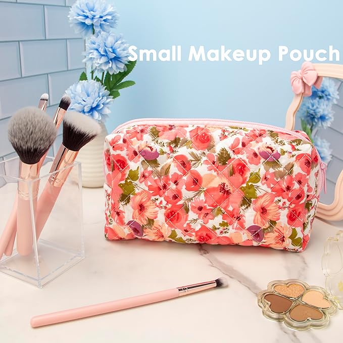 PAZIMIIK Small Quilted Makeup Bag,Zipper Cosmetic Pouch,Floral Red