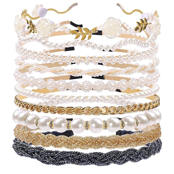 Pearl and Metal Headbands - Beaded No Slip Hair Accessories for Women and Girls, 10 Pack