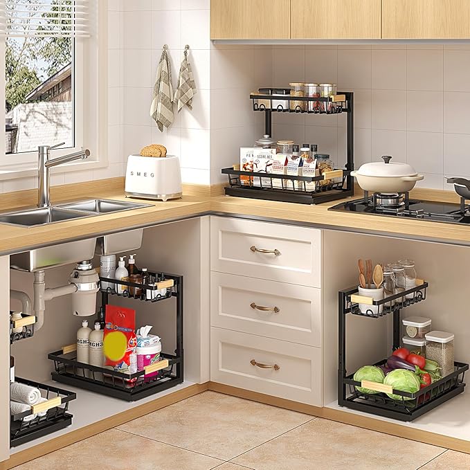 Sevenblue 2 Packs Under Sink Organizer, Height Adjustable 2 Tier Under Kitchen Sink Organizer, Multi-Purpose Storage Shelf for Kitchen Bathroom Cabinet (Black, Extra Large)