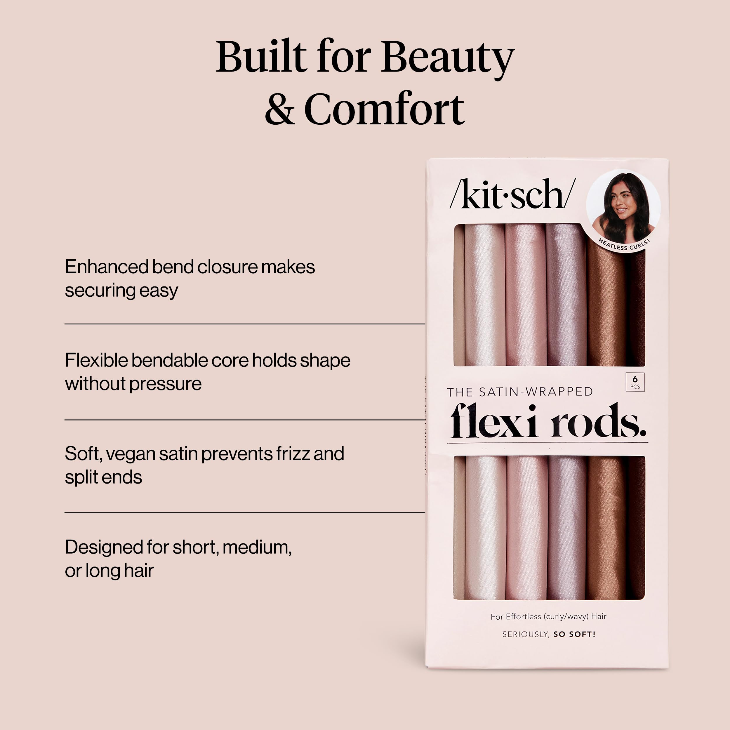 Kitsch Satin Flexi Rods, Heatless Curling Rods - No Heat Curls Overnight, Comfortable Hair Curlers to Sleep In for Frizz-Free and No Heat Damage Styling - 6pcs, Rosewood