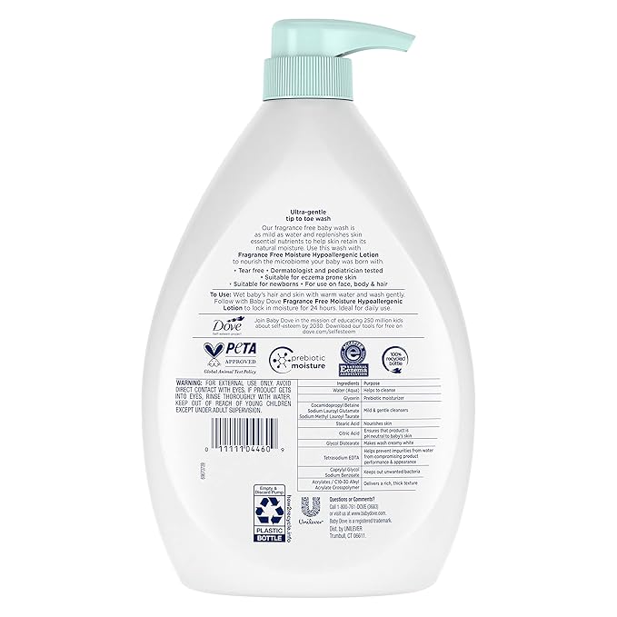 Baby Dove Sensitive Skin Care Baby Wash Fragrance Free Moisture For Baby Bath Time Fragrance Free and Hypoallergenic, Washes Away Bacteria 34 oz (Pack of 3)
