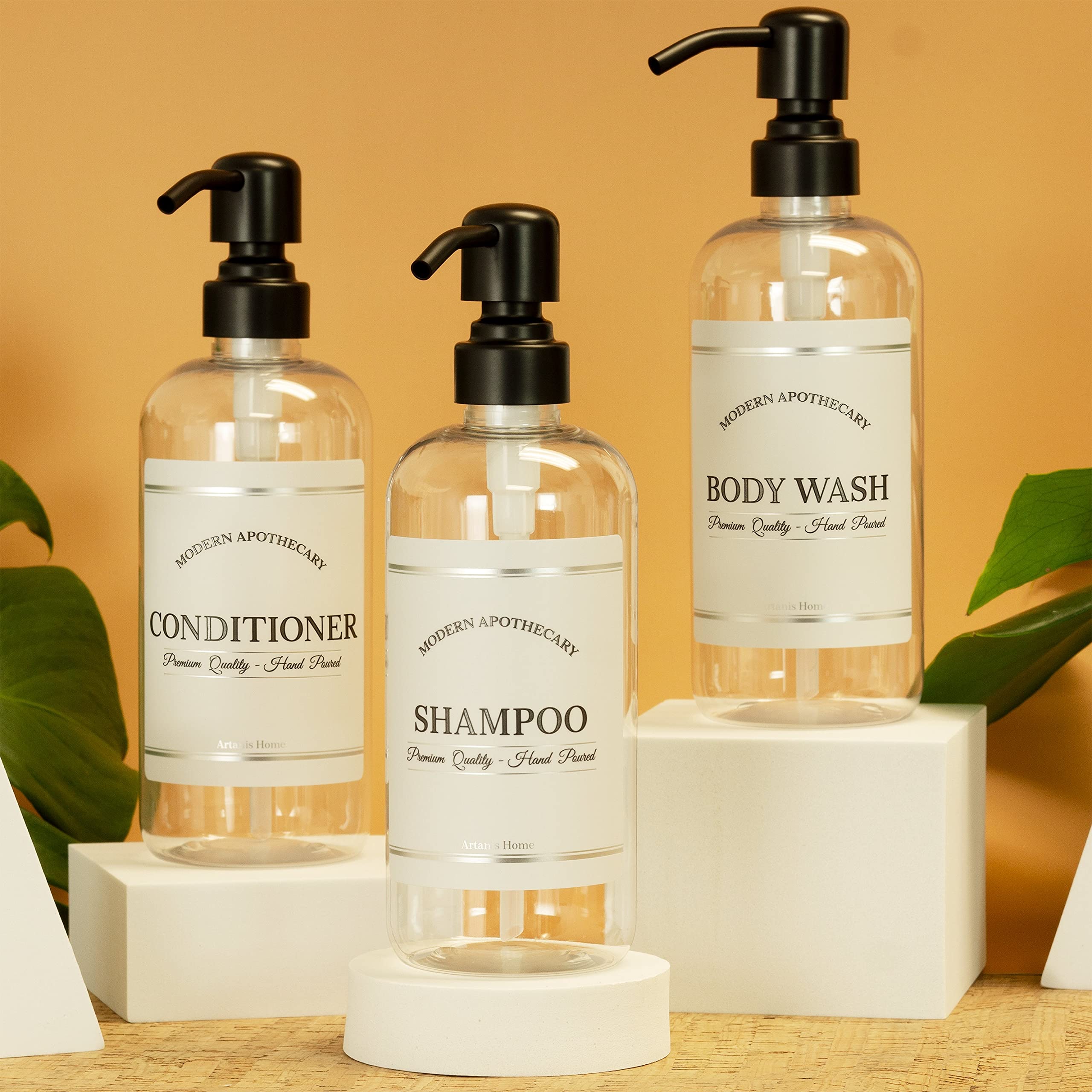 Clear Refillable Shampoo and Conditioner Bottles - Body Wash, Shampoo and Conditioner Dispenser - PET Plastic Shampoo Bottles Refillable with Pump - Waterproof Labels - 16 oz, 3 Pack (Black Satin)
