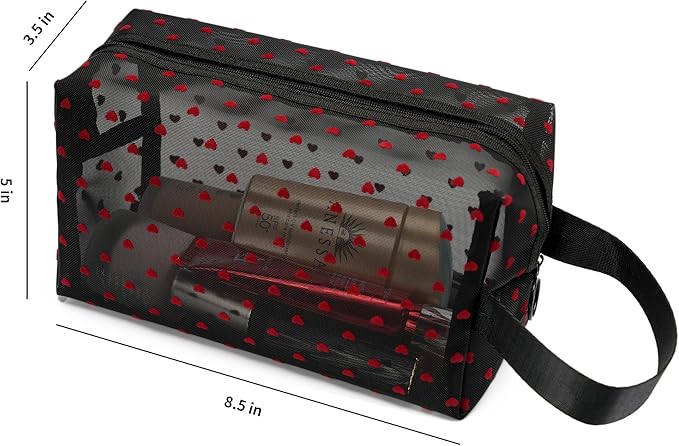 TOPASION Portable Mesh Makeup Bag with Zipper Small Travel Toiletry Bag Lightweight Cosmetic Pouch (Black&Red Heart with Handle)