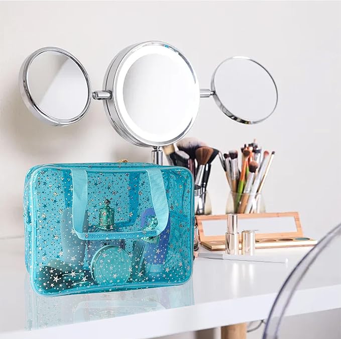 TotePrint Holographic Star Large Light Blue Makeup Cosmetic Organizer Bag and Travel Pouch with Handle,Durable Material,Zipper Design-Ideal for Makeup,Travel Essentials (Blue)