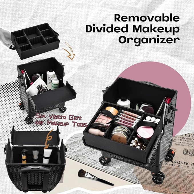 Yueieoun 5 in 1 Makeup Train Case, Cosmetology Case on Wheels Travel Make up Case Rolling Nail Cart Makeup Organizer Cosmetic Storage Box Cases Extra Large Trolley Truck with 360° Swivel Wheels, Black