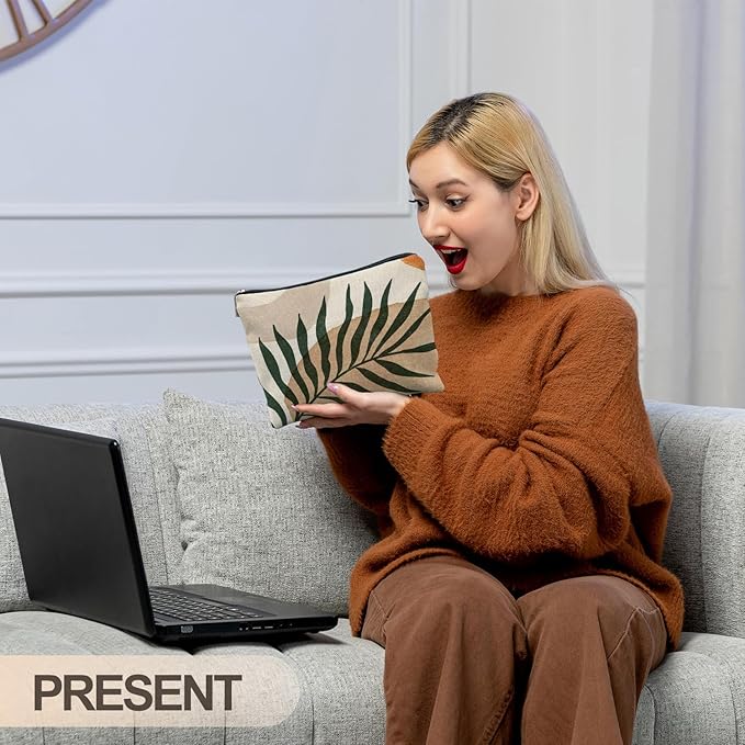 RYYCDOI Abstract Boho Botanical Makeup Bag, Tropical Palm Leaf Cosmetic Bags for Women, Boho Gifts for Women, Minimalist Modern Plant Zipper Makeup Pouch