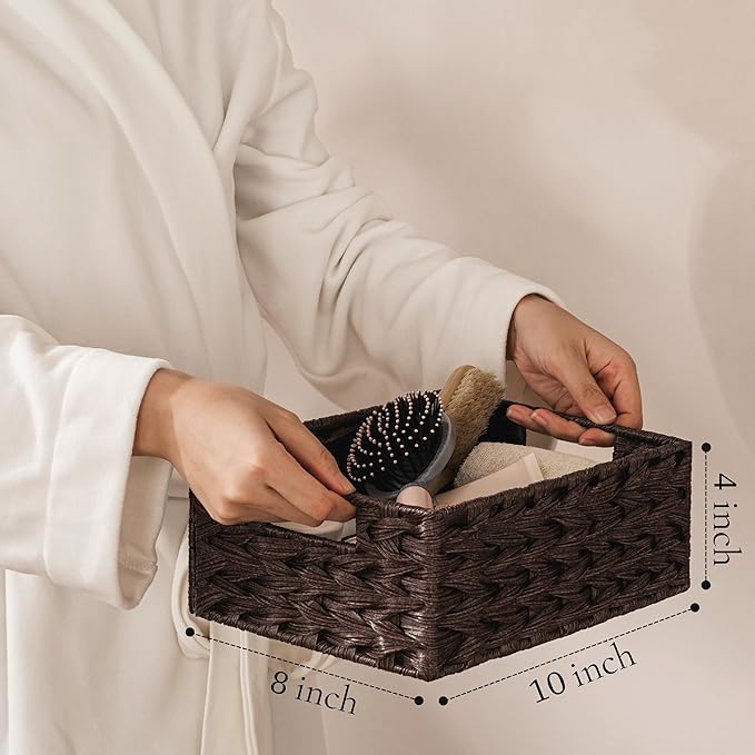 UBBCARE Storage Baskets with Label, Wicker Pantry Baskets for Shelves, Waterproof Woven Basket for Organizing, 2-Pack Plastic Rectangle Organizers with Handles, Dark Brown (10L×8H×4W)