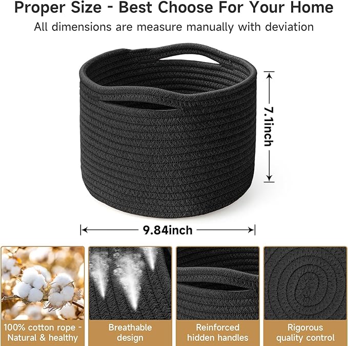 Small Rope Baskets for Storage, Baskets for Gifts Empty, Cute Round Woven Basket, Decorative Shelf Baskets 9.82×9.82×7.1", Cotton Toy Basket Storage Bins for Organizer-Black