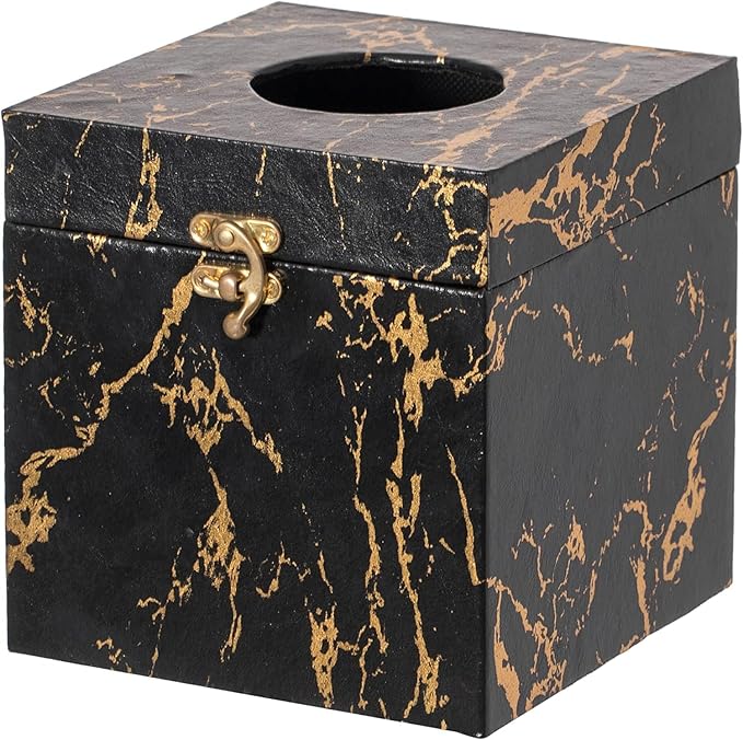 UPPER DECOR Black and Gold Marble Tissue Box Cover for Kleenex Box, Modern Elegant Tissue Box Holder with Lock for Bathroom, Bedroom, and Living Room, Square Shape Toilet Tissue Holder Organizer