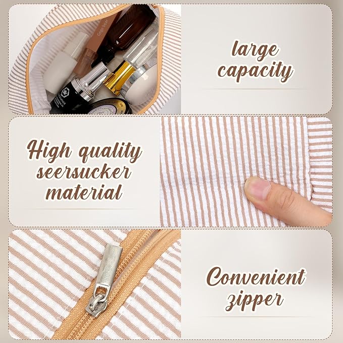 Sanwuta 6 Seersucker Cosmetic Bag Bulk Striped Makeup Bag for Women Aesthetic Cute Travel Toiletry Organizer Preppy Storage Pouch for Wedding Bridesmaid Mother's Day Teacher Gift (Large,Khaki)