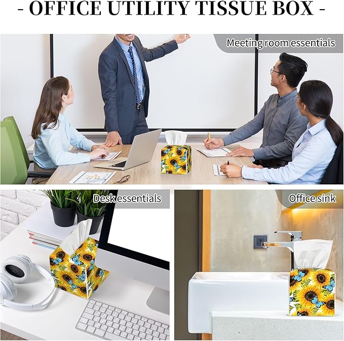 Sunflowers and Blue Butterflies Tissue Box Cover Square,Watercolor Sunflower Tissue Box Holder Waterproof Leather Facial Paper Organizer Dispenser for Bathroom Home Car Nightstand Vanity Desk