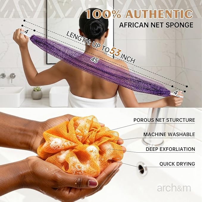ARCH&M African Exfoliating Net Sponge Authentic, 53" Extra-Long Loofah