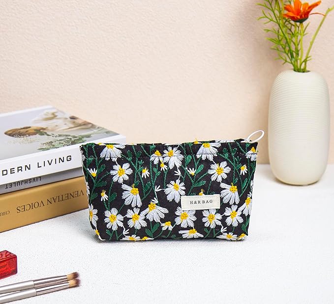 getgto 2 Pcs Makeup Bags, Large Cosmetic Bag Travel Toiletry Bag Organizer for Women, Embroidery Craft, Floral Makeup Bag Small Cosmetic Pouch Purse with Zipper Gifts for Girls Teen