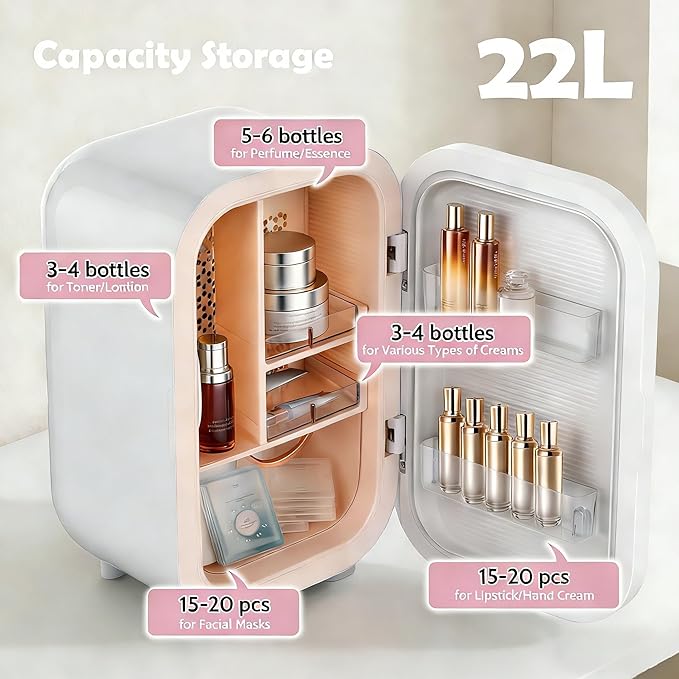 Kikihuose 22L Mini Skincare Fridge, Beauty Fridge for Cosmetic Storage, 44°F Intelligent Temperature Control, Personal Small Makeup Refrigerator for Bedroom, Dorm