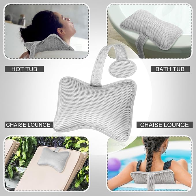 2 Pcs Hot Tub Spa Pillows for Outdoor Indoor Inflatable Bathtub 10.62 x 8.26 Inch Universal Hot Tub Accessories Patio Lounge Chair Headrest Neck Support with Adjustable Hook for Spa Bathtub (Grey)