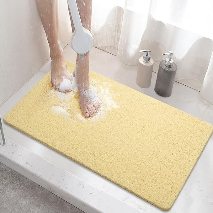 HITSLAM Shower mat Non Slip, 24 x 16 Inch Bath Mat for Tub with Drain Holes, Soft PVC Loofah Bathtub Mat Non Slip, Quick Drying Bathroom Shower Mat, Beige