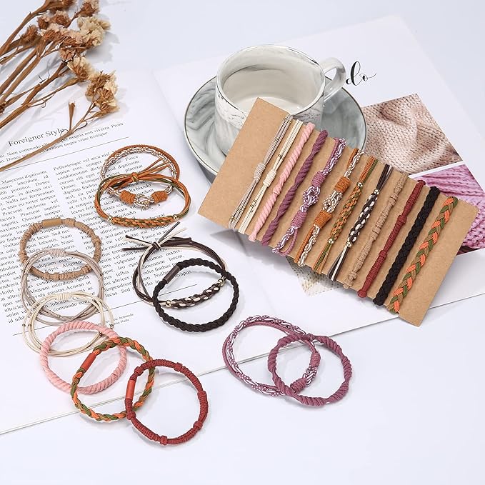Hair Ties Bracelet Boho Hair Tie for Women Thick Hair, Lolalet Super Cute Soft Braided Hair Elastics Bands, Strong No Pull Nylon Hair Ponytail Holder for Thin Long Curly Hair -24 Pcs, Style B