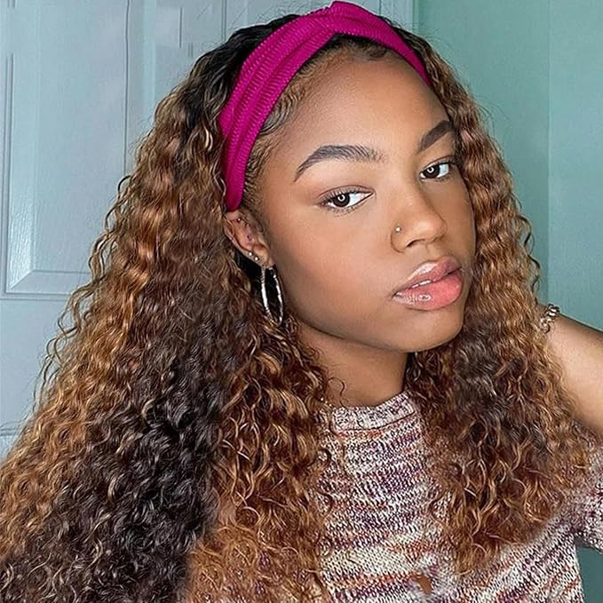 Aiterina Headband Wig Human Hair Ombre Highlight Curly Human Hair Wig Headband Wigs for Black Women None Lace Front Machine Made Human Hair Wig 150% Density (10 inch, 4/27 Highlight)