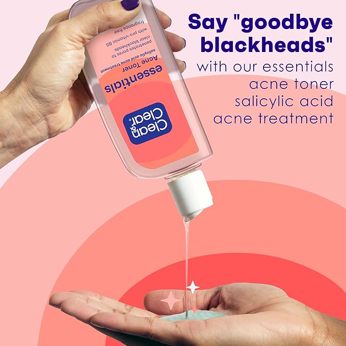 Clean & Clear Essentials Oil-Free Acne Toner, 2% Salicylic Acid Acne Treatment, Gentle Facial Toner for Pimples Cleanses Pores to Clear & Remove Blackheads, Fragrance Free, 8 fl. oz (Pack of 2)