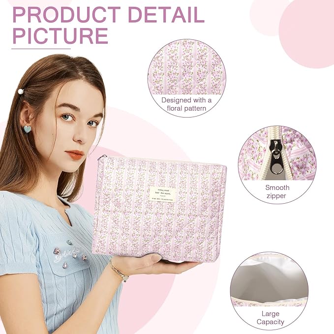 Gosect 2PC Makeup Bag Set, Cute Cosmetic Bag for Women Girls, Floral Coquette Aesthetic Toiletry Bag, Travel Make Up Organizer Bag (White Pink Butterfly Flower)