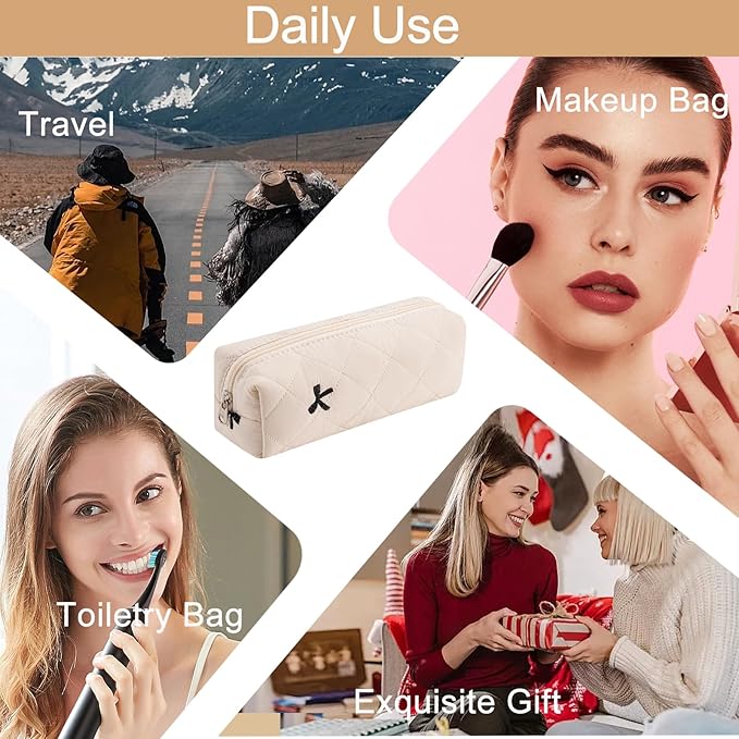 HHQQWZ Cute Floral Cotton Makeup Brush Cosmetic Bag for Women, Travel Quilted Zipper Make Up Bag, Flowers Toiletry Organizer Case Kawaii Makeup Cosmetic Travel Cloth Pouch (Beige)