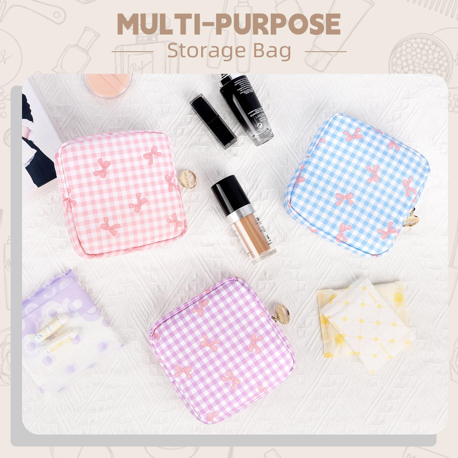 Playexen Period Bag for Teen Girls, Checkered Sanitary Napkin Storage Bag, Cute Bow Tie Menstrual Pad Purse Tampon Pouch (Plaid Purple)